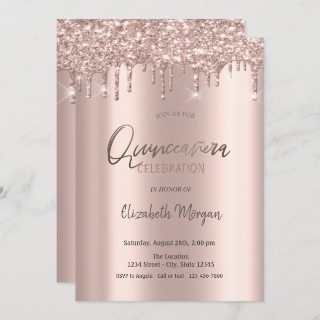 Invitation Rose Parties scintillant or  gouttes Quinceanera (Devant / Derrière)