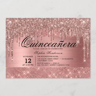 Invitation Rose Parties scintillant or gouttes Quinceañera