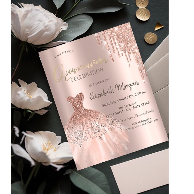 Invitation Rose Parties scintillant or  gouttes robe Quinceañ (Créateur téléchargé)