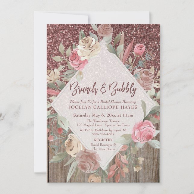 Invitation Rose Parties scintillant or Grange bois Floral Bru (Devant)