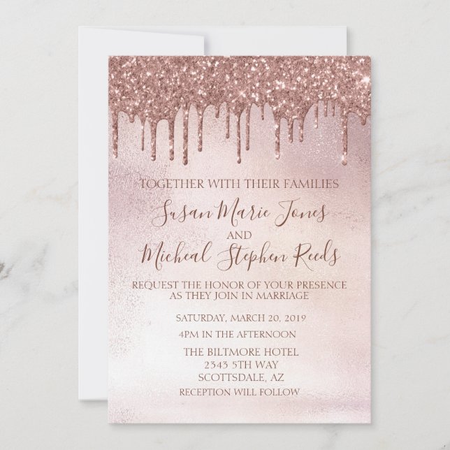 Invitation Rose Parties scintillant or  Mariage de calligraph (Devant)