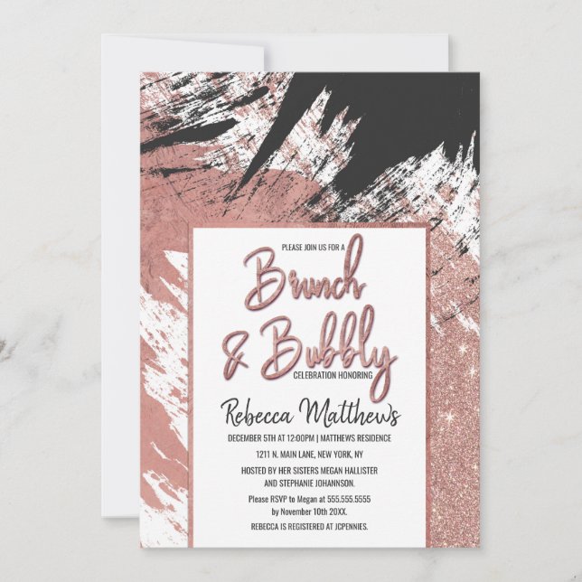 Invitation Rose Parties scintillant or Noir brosse Brunch Bub (Devant)