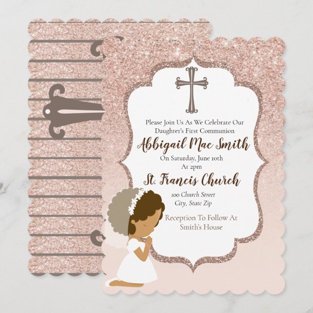 Invitation Rose Parties scintillant or première communion Inv (Devant / Derrière)