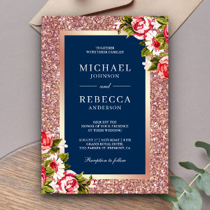 Invitation Rose Parties scintillant or rose Floral Marine ble