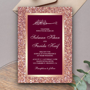 Invitation Rose Parties scintillant or rose islamique Mariage