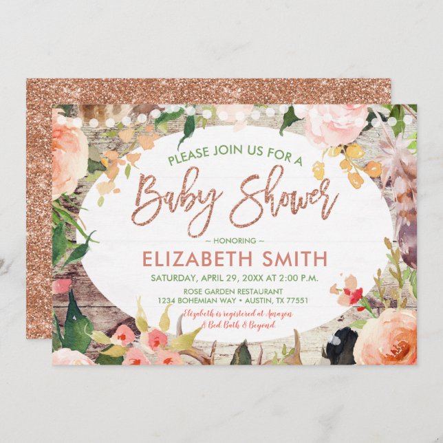 Invitation Rose Parties scintillant or Sage Baby shower flora (Devant / Derrière)