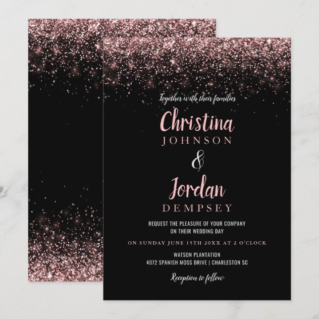 Invitation Rose Parties scintillant or Sparkle Wedding Invita (Devant / Derrière)