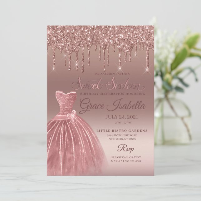 Invitation Rose Parties scintillant or Sweet sixteen  (Debout devant)