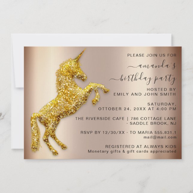 Invitation Rose Parties scintillant or Unicorn Horse Annivers (Devant)
