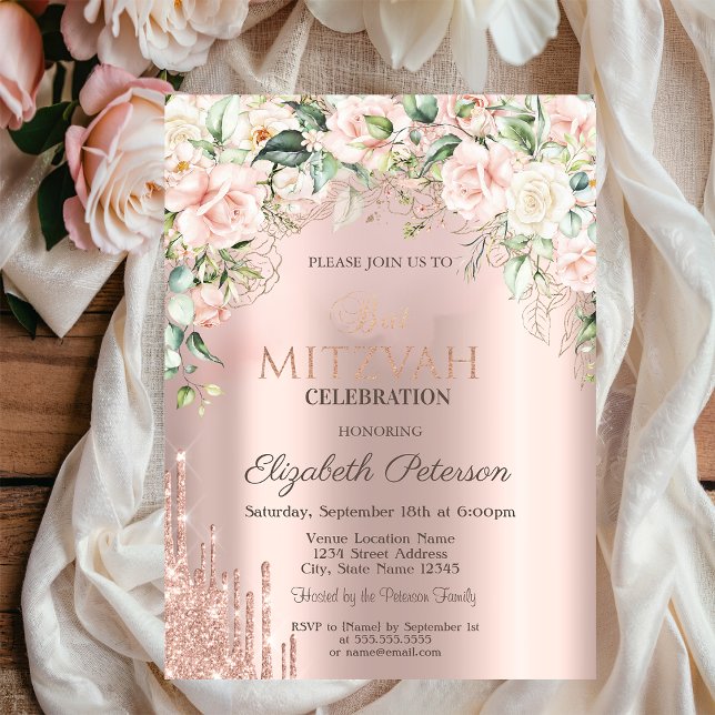 Invitation Rose Parties scintillant  Rose Gold Bat mitzvah (Créateur téléchargé)