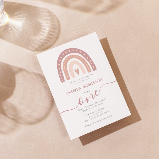 Invitation Rose pastel arc-en-ciel boho premier anniversaire  (Créateur téléchargé)
