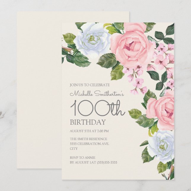 Invitation Rose pastel et floral blanc pour les 100 ans d'une (Devant / Derrière)