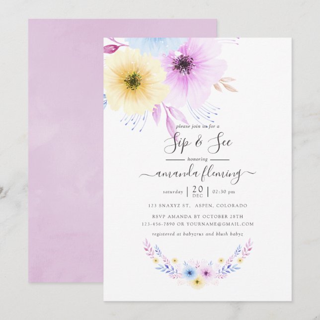 Invitation Rose pastel et floral bleu Sip and See (Devant / Derrière)