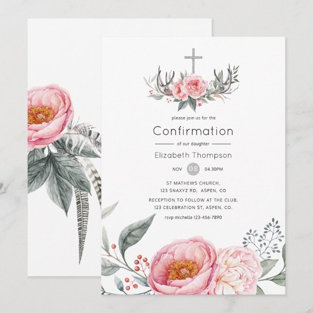 Invitation Rose pastel et gris floral bohème confirmation (Devant / Derrière)