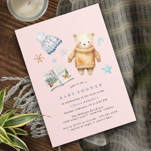Invitation Rose Pastel   Polar Bear Winter Girl Baby shower