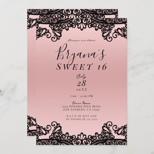 Invitation Rose Peach Black Enk Lace Sweet 16 Party (Devant / Derrière)