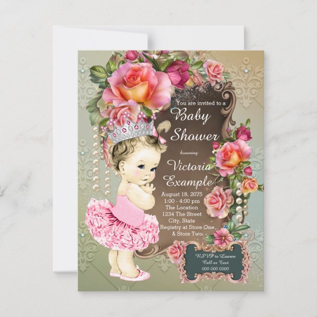 Invitation Rose Pearl Tutu Princess Baby shower (Devant)