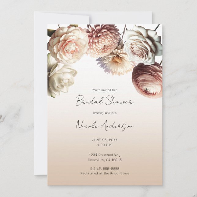 Invitation Rose Pêche Crème Fleurs Blanches Floral Mariage (Devant)