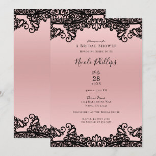 Invitation Rose Pêche Encre Noire Dentelle Élégant Lancement