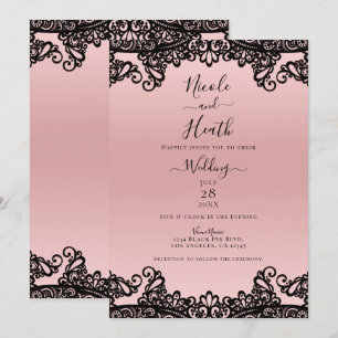 Invitation Rose Pêche Encre Noire Dentelle Élégant Mariage