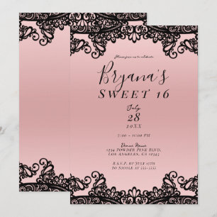 Invitation Rose Pêche Encre Noire Dentelle Fête Douze Ans