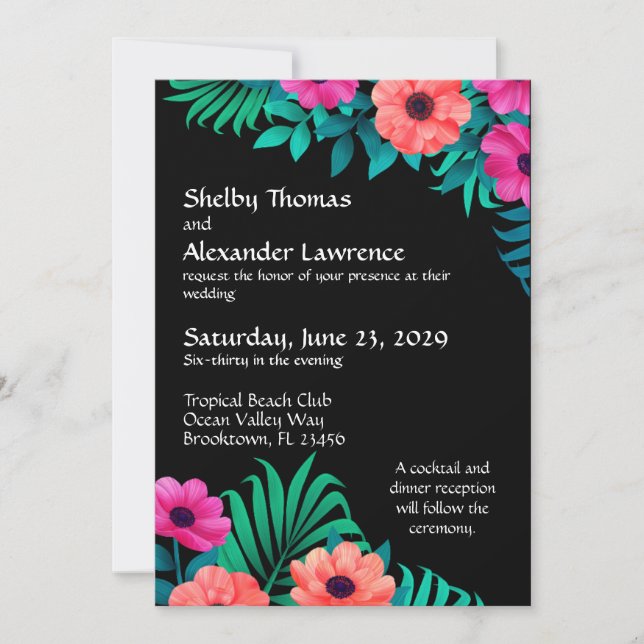 Invitation Rose, Pêche et Vert sur Mariage noir (Devant)