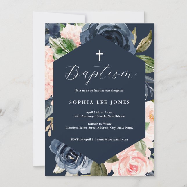 Invitation Rose Pêche Floral Moderne Baptême  (Devant)