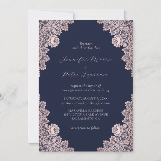 Invitation Rose personnalisé Gold et Mariage bleu marine (Devant)