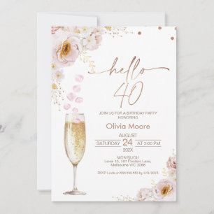 Invitation Rose Pétales Champagne Verre Bonjour 40 Anniversai