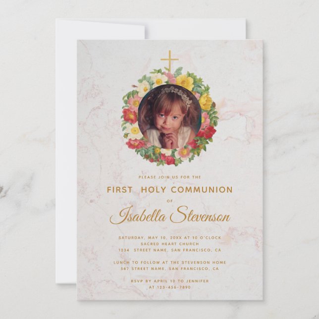 Invitation Rose photo Girl First Communion en marbre de couro (Devant)