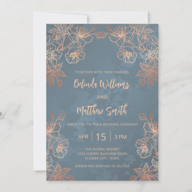 Invitation Rose photo Gold Dusty Mariage bleu (Devant)