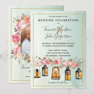 Invitation Rose photo Lanternes or Aquarelle Floral Mariage