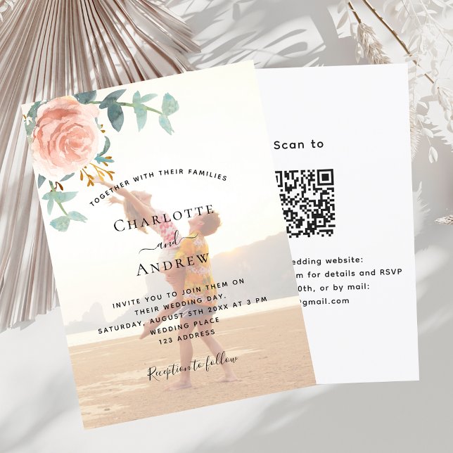 Invitation Rose photo or floral QR RSVP mariage de luxe (Créateur téléchargé)