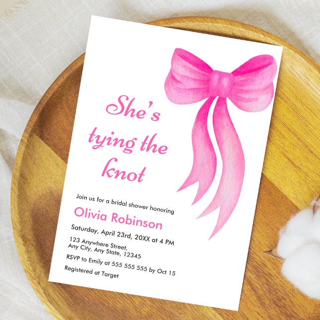 Invitation Rose Pink Elle Se Marie Shower Nuptial  (Pink Bow She's Tying the Knot Bridal Shower Invitation )