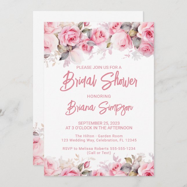 Invitation Rose Pink Floral Bridal Shower  (Devant / Derrière)