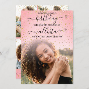 Invitation Rose Pink Gold Confetti Photo Collage Anniversaire