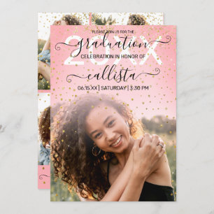 Invitation Rose Pink Gold Confetti Photo Collage Graduation