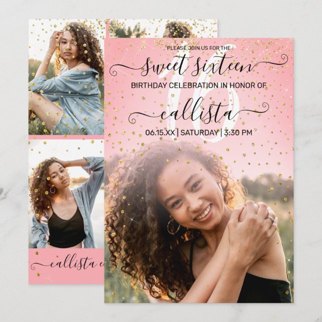 Invitation Rose Pink Gold Confetti Photo Collage Sweet 16 (Devant / Derrière)