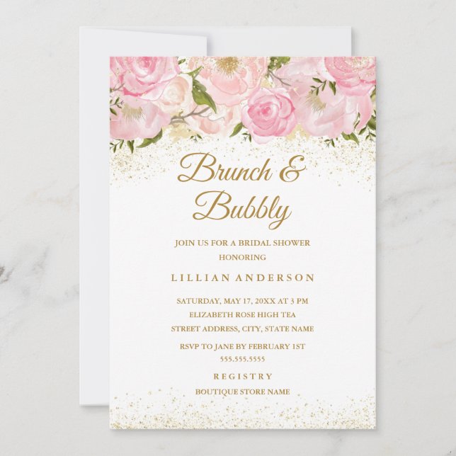 Invitation Rose Pink Gold Sparkle Brunch Et Douche Bubbly (Devant)