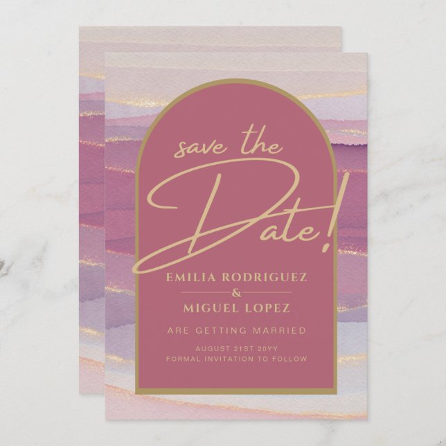 Invitation Rose Pink Or Mariage en marbre Arch SAVE DATES (Devant / Derrière)