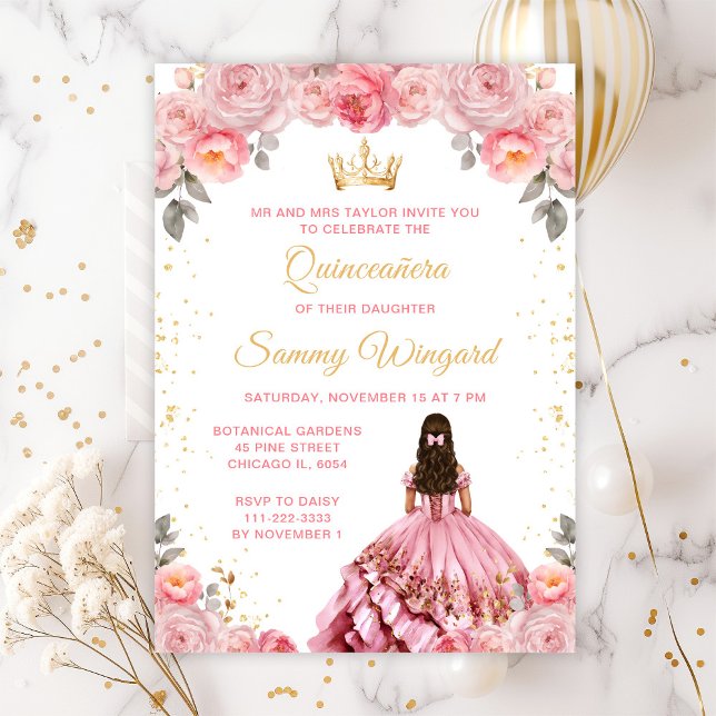 Invitation Rose Pink Princess Florale Quinceañera (Créateur téléchargé)