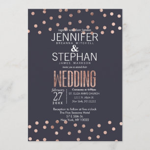 Invitation Rose Pois d'or et mariage bleu marine invite