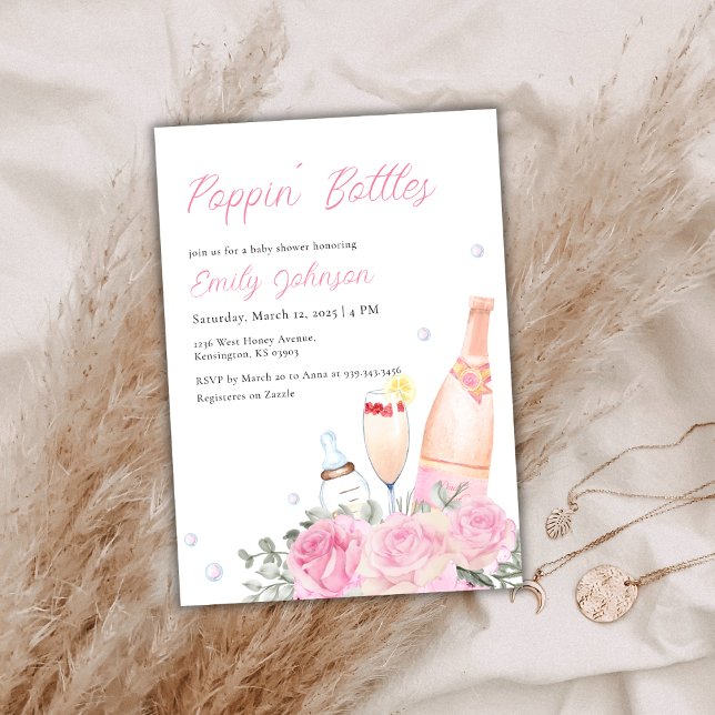 Invitation Rose Poppin Bouteilles Champagne Girl Baby shower (Rose Poppin Bottles Champagne Girl Baby Shower Invitation)