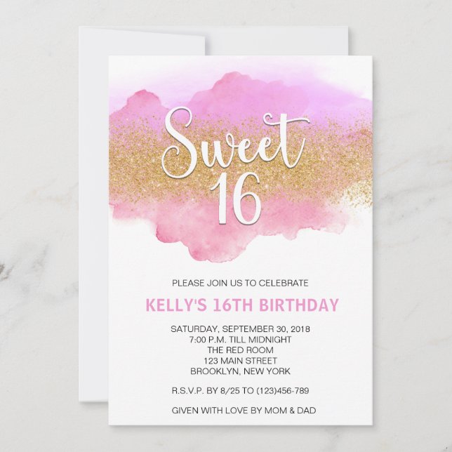 Invitation Rose Poudré Aquarelle Moderne Sweet 16 Seize (Devant)