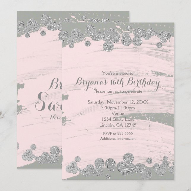 Invitation Rose poudré argenté et gris paillettes points glam (Devant / Derrière)