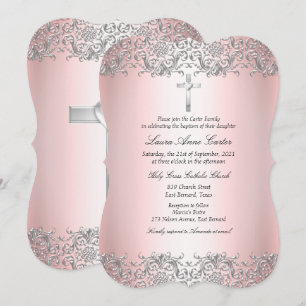 Invitation Rose poudré Croix en Damas argenté Baptême
