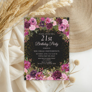 Invitation Rose Poudré Fleurs Paillettes Noir 21e Anniversair
