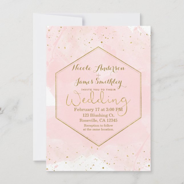 Invitation Rose Poudré & Or Éclaboussé Mariage Moderne (Devant)