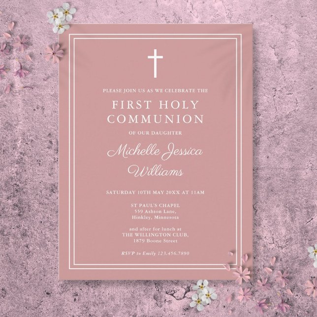 Invitation rose poudré pour la première communion (Dusty Rose Pink First Holy Communion Invitation Postcard)