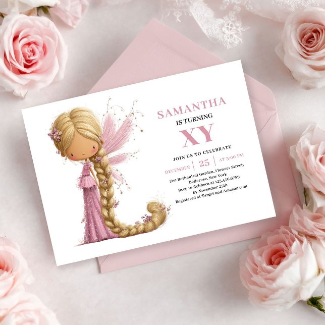 Invitation rose poudré pour les 2 ans de Jolie Fée (Cute Fairy Girl 2nd Birthday Blush Pink invitation)